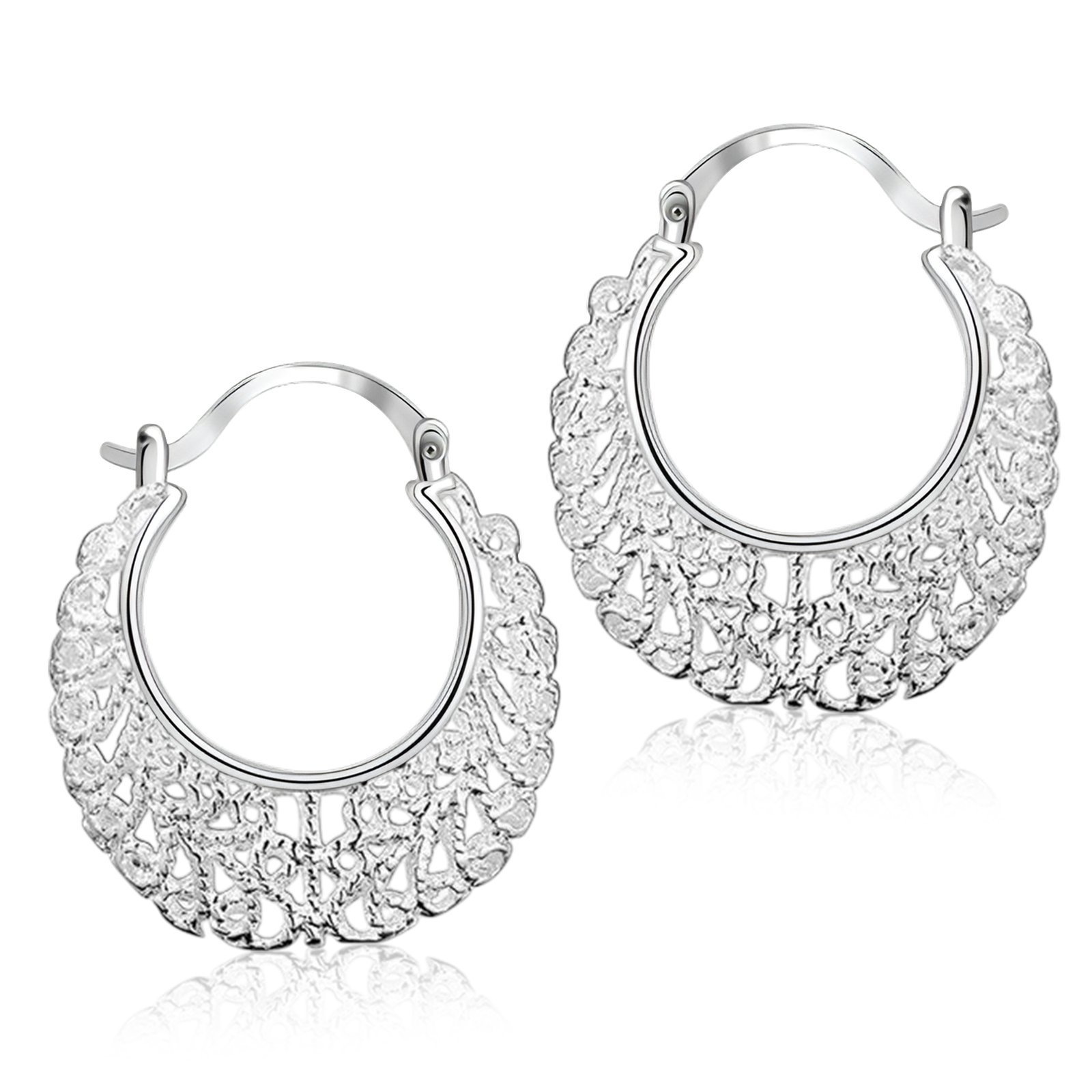 New 925 Sterling Silver Filled Women 26mm Filigree Flower Hoop Clip Earrings