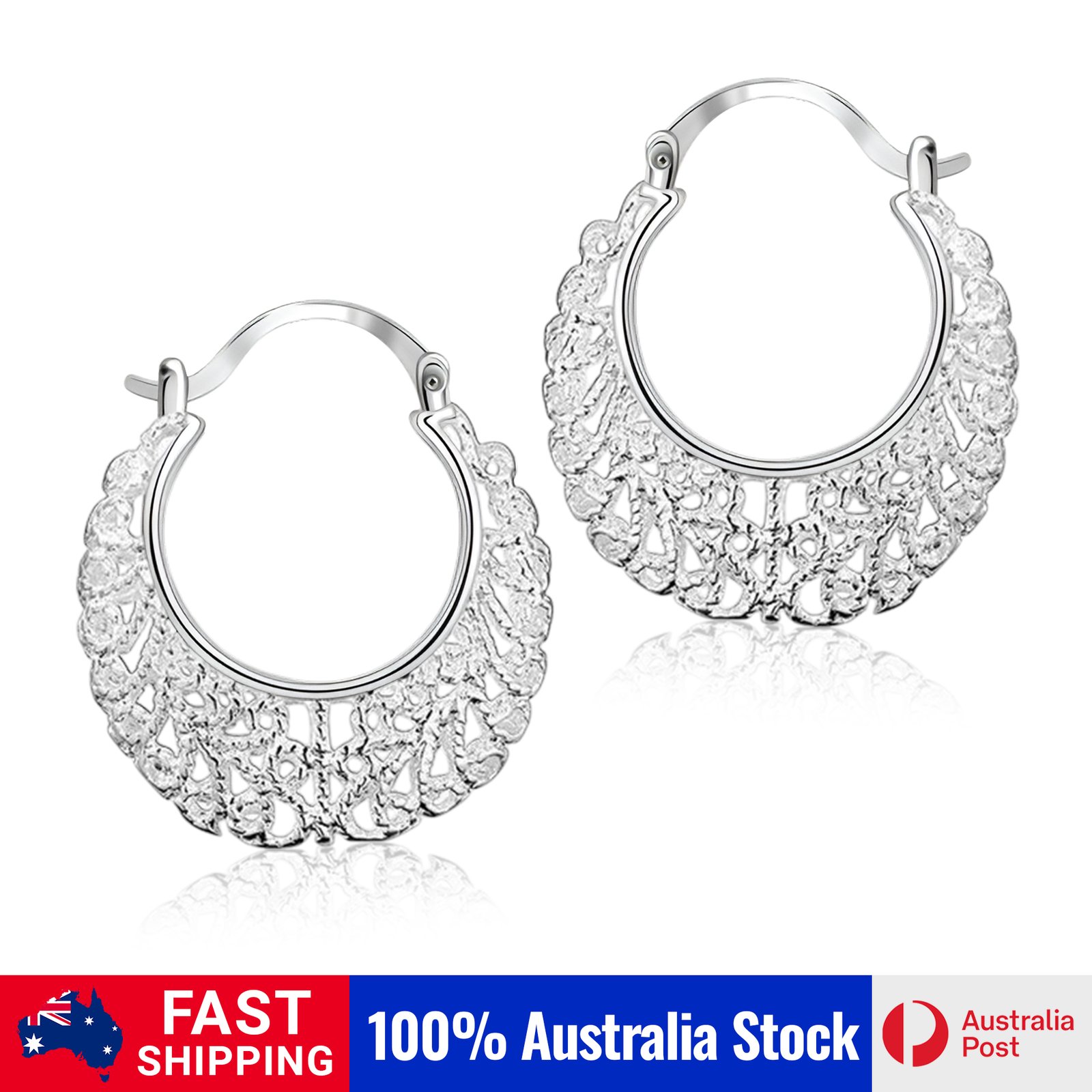 New 925 Sterling Silver Filled Women 26mm Filigree Flower Hoop Clip Earrings - Image 3